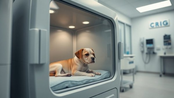 Small dog in oxygen kennel at veterinary clinic, managing CHF emergency cases.