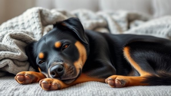 Relaxed dog lying in cozy indoors with blankets, Milford Police adopt abandoned dog