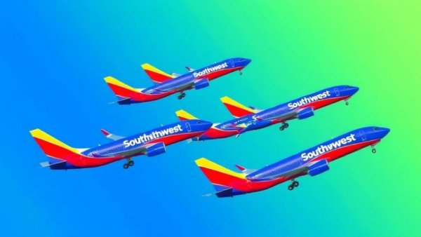 Collage of Southwest Airlines planes on blue-green background, vibrant display.