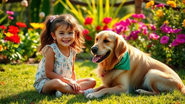Young girl with golden retriever in a garden showing joy, highlighting importance of monthly pet preventatives.