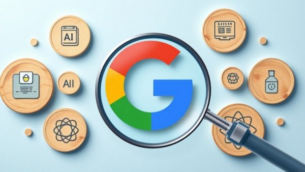 Google logo magnified with AI and healthcare icons, AI Overviews in Healthcare theme.