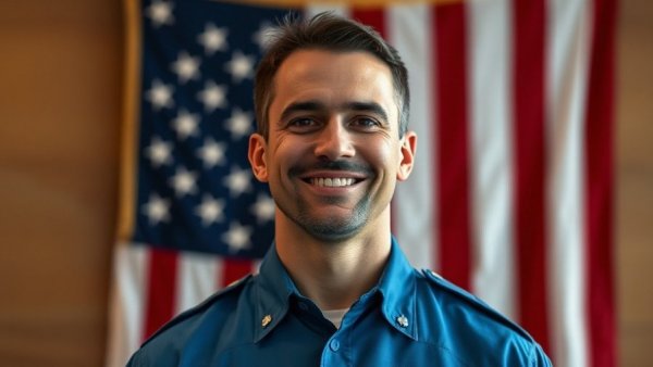 Police news: Man in uniform smiling in front of American flag.