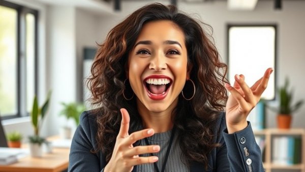 Happy woman discussing MedSpa client follow-up strategies in office.