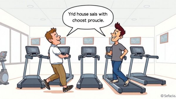 Cartoon of two men in treadmill showroom highlighting sales transformation.