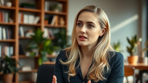 Blonde woman in office discussing treatment plans for MedSpas.