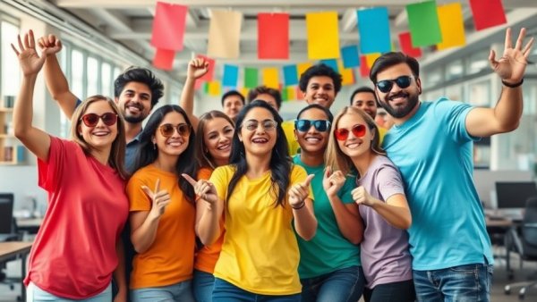 Team building in a vibrant veterinary office with playful atmosphere.