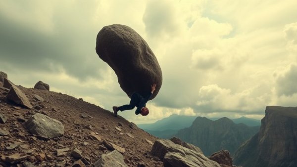 Man pushing boulder uphill symbolizing SEO challenges for open source projects.