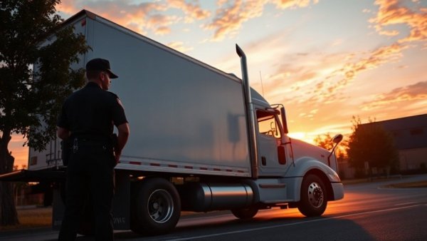 Police officer ensuring safety interacting with a truck driver at sunset.