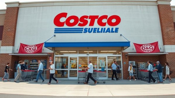 Costco storefront entrance and exit with pedestrians.
