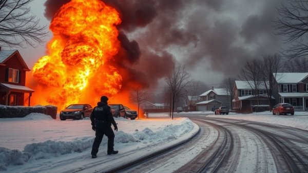 Catastrophic home explosion with flames and smoke in snowy neighborhood.