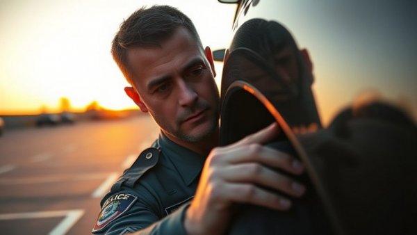 Police officer inspecting car tire, sunset reflection, community trust law enforcement