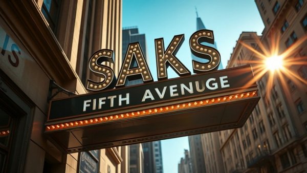 Iconic Saks Fifth Avenue sign with sun flare, vintage look.
