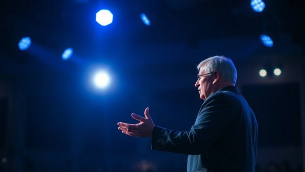 Speaker presenting under blue lights at Dave Ramsey Live event.