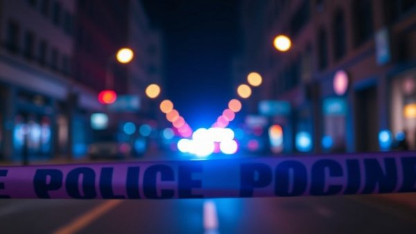 Dramatic police scene with vibrant tape under flashing lights.