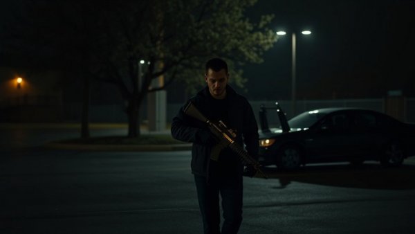 Nighttime parking lot scene with man holding rifle, officer-involved shooting policies.