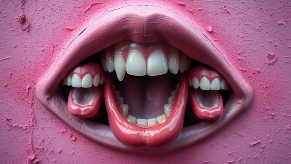 Surreal art of mouths on textured wall; difficult people accelerate aging theme.