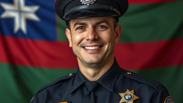 Cop of the Year Chee Ying Yong in uniform smiling in front of a flag.
