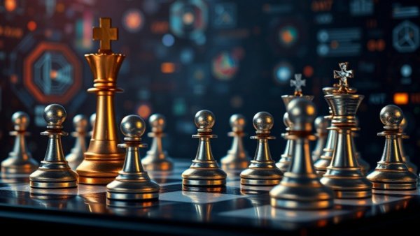 Strategic chessboard with tech icons, Shift SEO Budget to AI concept.