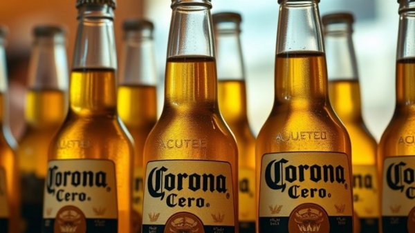 Close-up of Corona Cero beer bottles reflecting light.