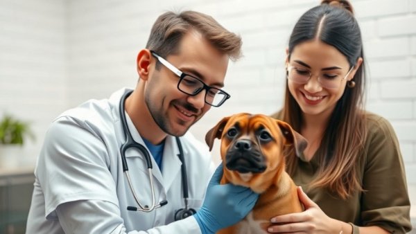 Building client trust in a new doctor: Vet caring for a dog with owner watching.