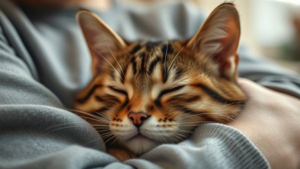 Comforting tabby cat with CKD in warm embrace.