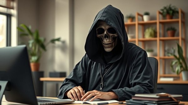 Humorous grim reaper in office reflecting on homicide rate drop in US cities.