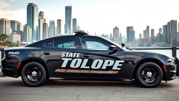 Modern police car with 'State Trooper' text by waterfront.