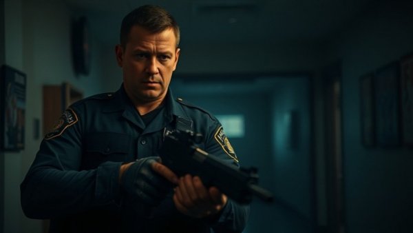 Police accountability in tense domestic situation, dim room.