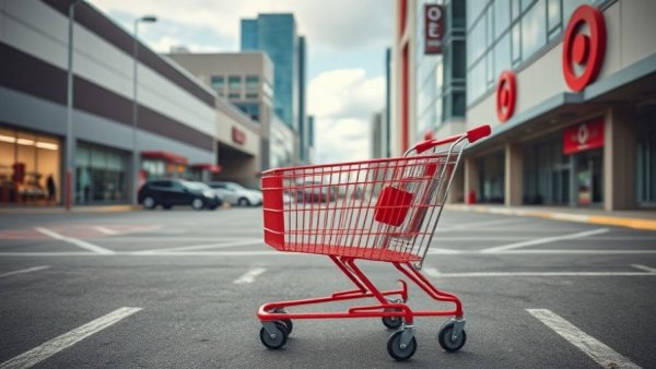 Red Target shopping cart in a store parking lot.