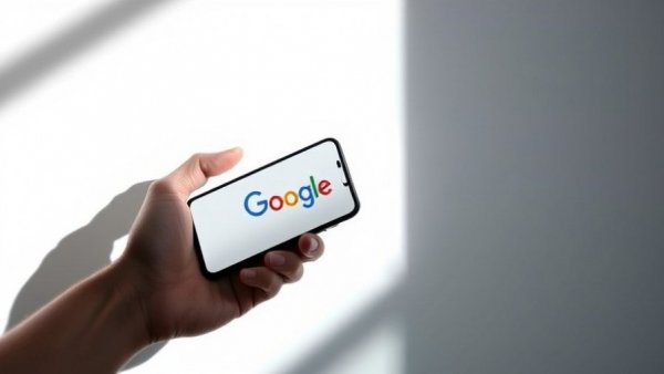 Hand holding smartphone showing Google logo against white background.