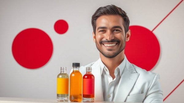 Abstract portrait of man with bottles and red geometric background.