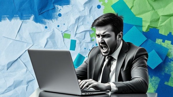 Scaling Content Disappointment depicted by frustrated businessman.