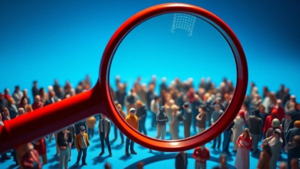 Illustration of a magnifying glass on a crowd symbolizing community trust in policing.