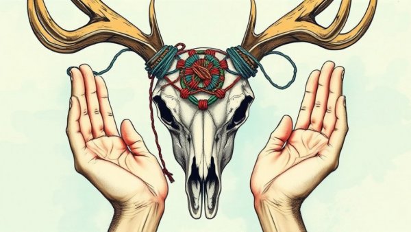 Detailed illustration of a decorated deer skull being held.