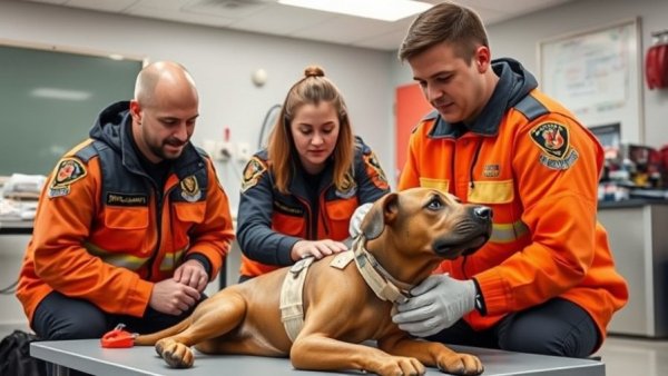 Emergency care training for working dogs with three responders.