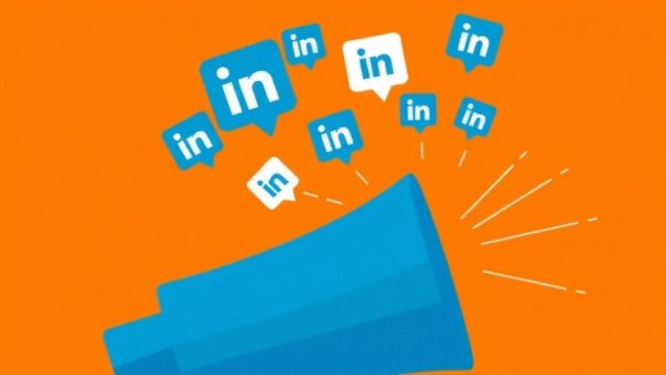 Blue megaphone with LinkedIn icons on orange background.