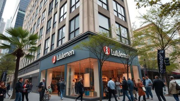 Street scene outside Lululemon store showing urban bustle.