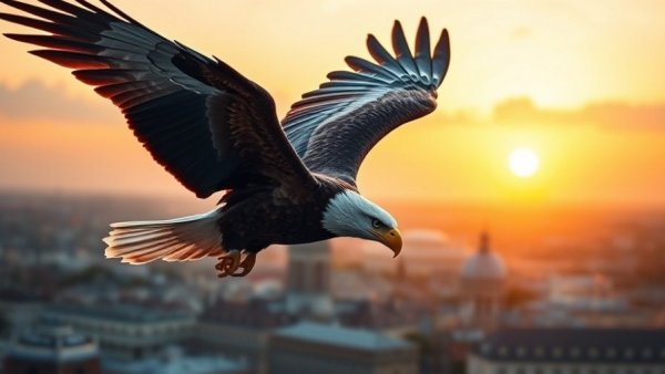 Eagle soaring in the sky at sunrise over a cityscape, symbolizing leadership in policing.