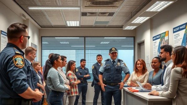 Diverse group in modern police recruitment office discussing trends.