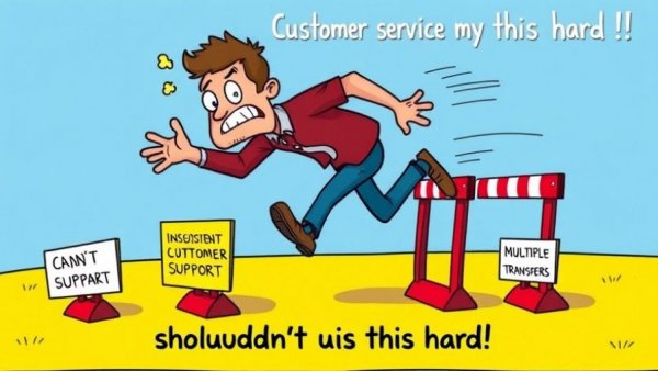 Humorous cartoon of a man overcoming customer service hurdles.
