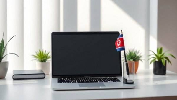 Minimalist office desk with North Korean flag and laptop, natural light.