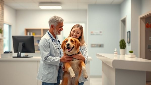 Veterinarian assisting woman with dog at clinic, raising veterinary service fees.