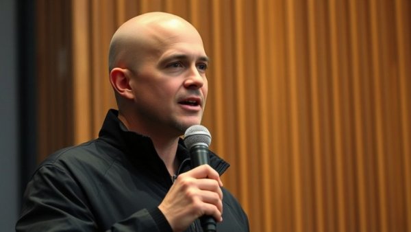 Bald man speaking with focus in a medspa marketing setting.