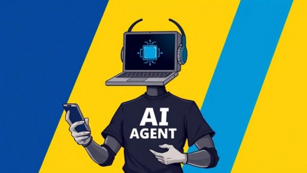 Agentic AI Optimization concept; Surreal AI agent with laptop head in colorful abstract setting.