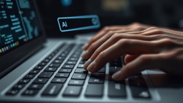 Close-up of typing fingers with AI search overlay, representing strategies that can survive AI search.