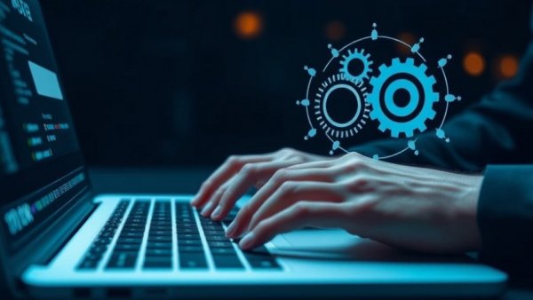 Futuristic hands typing on laptop with AI search overlay, Strategies for AI Search in 2026.