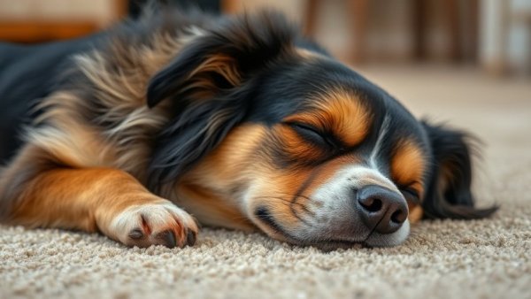 Aging is a Modifiable Risk Factor in Dogs: Tricolored dog resting on carpet.