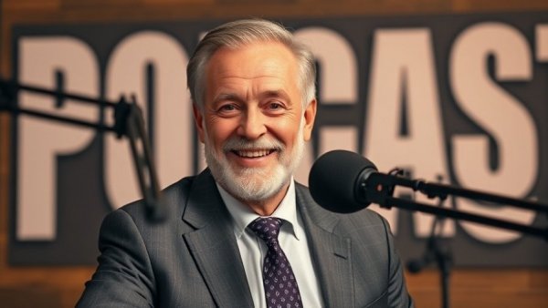 Smiling older man with microphone on podcast about law enforcement leadership.