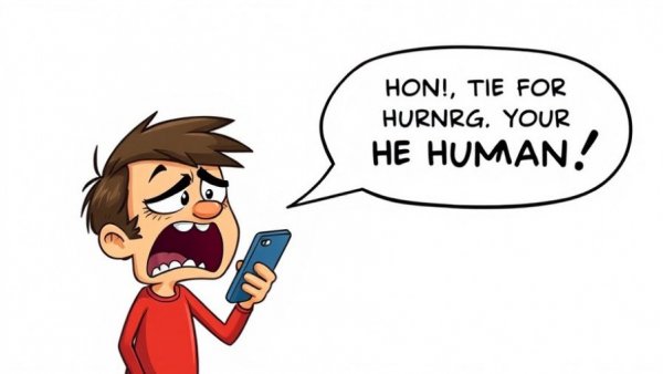 Frustrated cartoon character using automated phone system, humorous interaction.