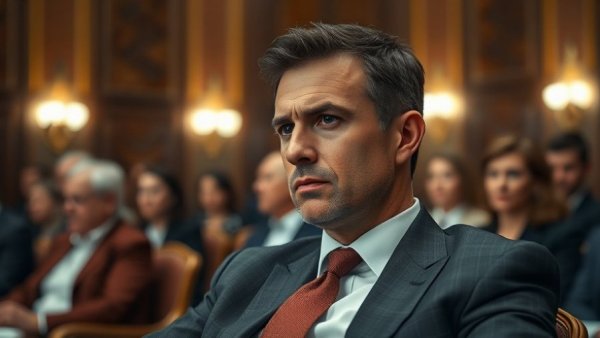Man in blue suit seated with thoughtful look in a formal setting.